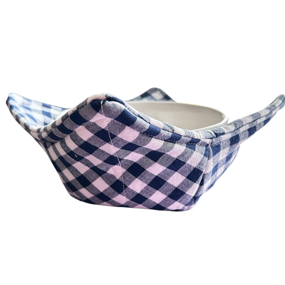 Hand Crafted Navy Blue Gingham Checkered Microwave Bowl 100% Cotton